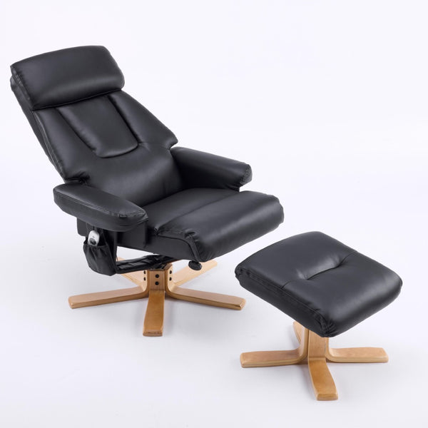 English Elm Black Pu Leather Swivel Accent Chair with Ottoman Heated Massage Wood Base Lounge W3248P465018