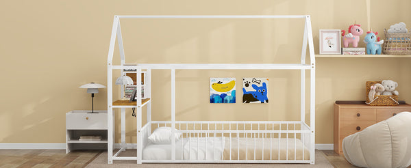English Elm Twin House Bed Frame with Roof & Fence, Metal Twin Loft with Built-In Desk Shelves USB Outlets White N737P173490K