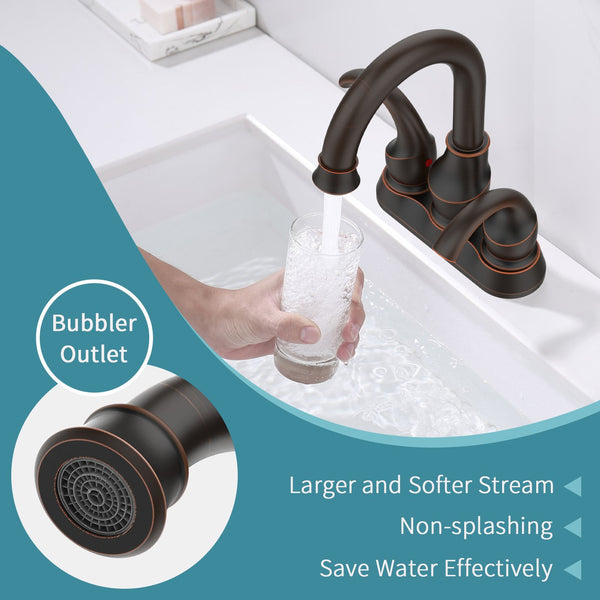 English Elm Oil Rubbed 2-Handle Crescent Moon Bathroom Faucet 4" Centerset with 360° Swivel, Pop-Up Drain & Hoses T3177P277488