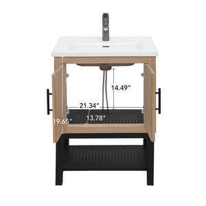 English Elm 24" Bathroom Vanity with Smooth White Ceramic Sink, Durable Metal Hinges, Adjustable Feet, Sleek Faucet & Open Iron Shelf Natural W688P224403