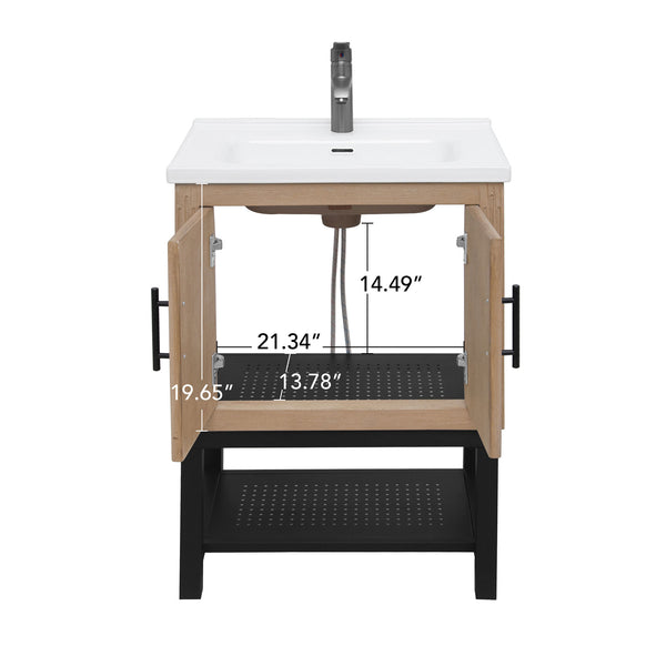 English Elm 24" Bathroom Vanity with Smooth White Ceramic Sink, Durable Metal Hinges, Adjustable Feet, Sleek Faucet & Open Iron Shelf Natural W688P224403