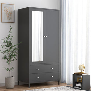 English Elm Metal Armoire Retro Steel Wardrobe with Mirror Door, 2 Drawers, Hanging Rod & Magnetic Closure, Dark Gray W2378P176281