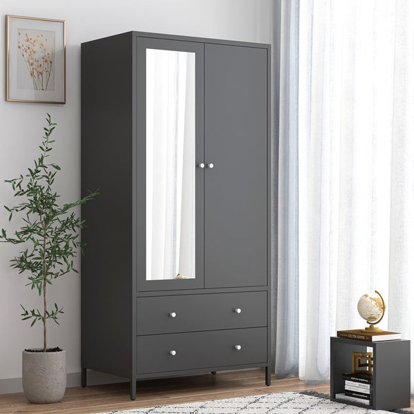 English Elm Metal Armoire Retro Steel Wardrobe with Mirror Door, 2 Drawers, Hanging Rod & Magnetic Closure, Dark Gray W2378P176281