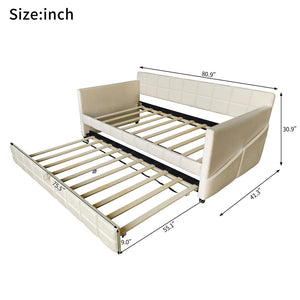 English Elm Modern Velvet Twin Daybed with Pull Out Trundle and Built in Armrest Storage Pockets Beige SF000200AAA