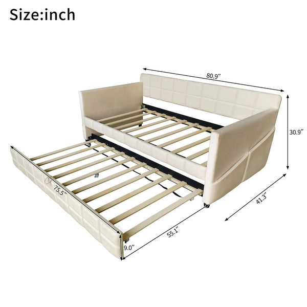 English Elm Modern Velvet Twin Daybed with Pull Out Trundle and Built in Armrest Storage Pockets Beige SF000200AAA