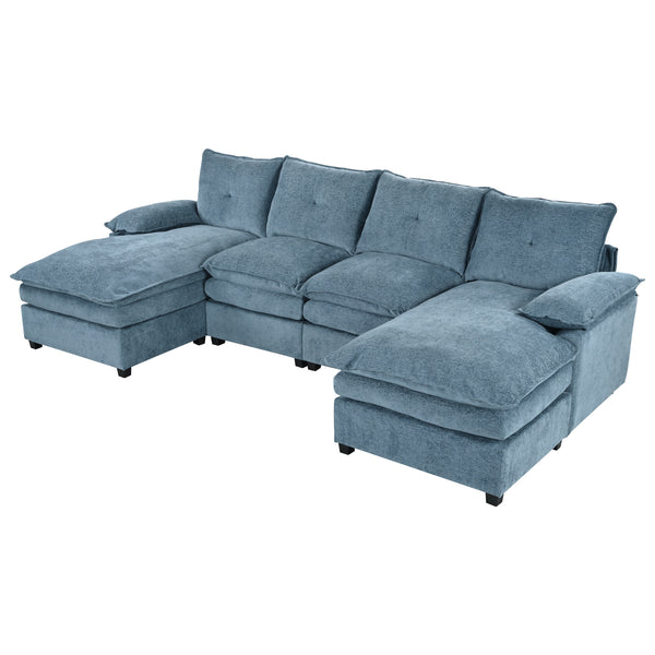 English Elm U_STYLE U-Shaped Chenille Sectional Sofa with Adjustable Armrests, 6-Seater, Removable Covers, Durable Construction Blue WY000430AAC