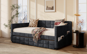 English Elm Modern Velvet Twin Daybed with Pull Out Trundle and Built in Armrest Storage Pockets Black SF000200AAB
