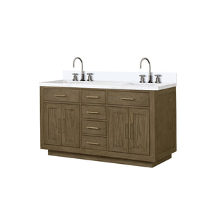 English Elm Grey Oak Double Bath Vanity 60" W x 22" D with White Quartz Top, Chrome Gooseneck Faucets, Soft-Close B2731P257753