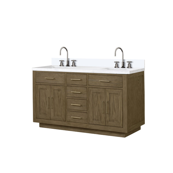 English Elm Grey Oak Double Bath Vanity 60" W x 22" D with White Quartz Top, Chrome Gooseneck Faucets, Soft-Close B2731P257753
