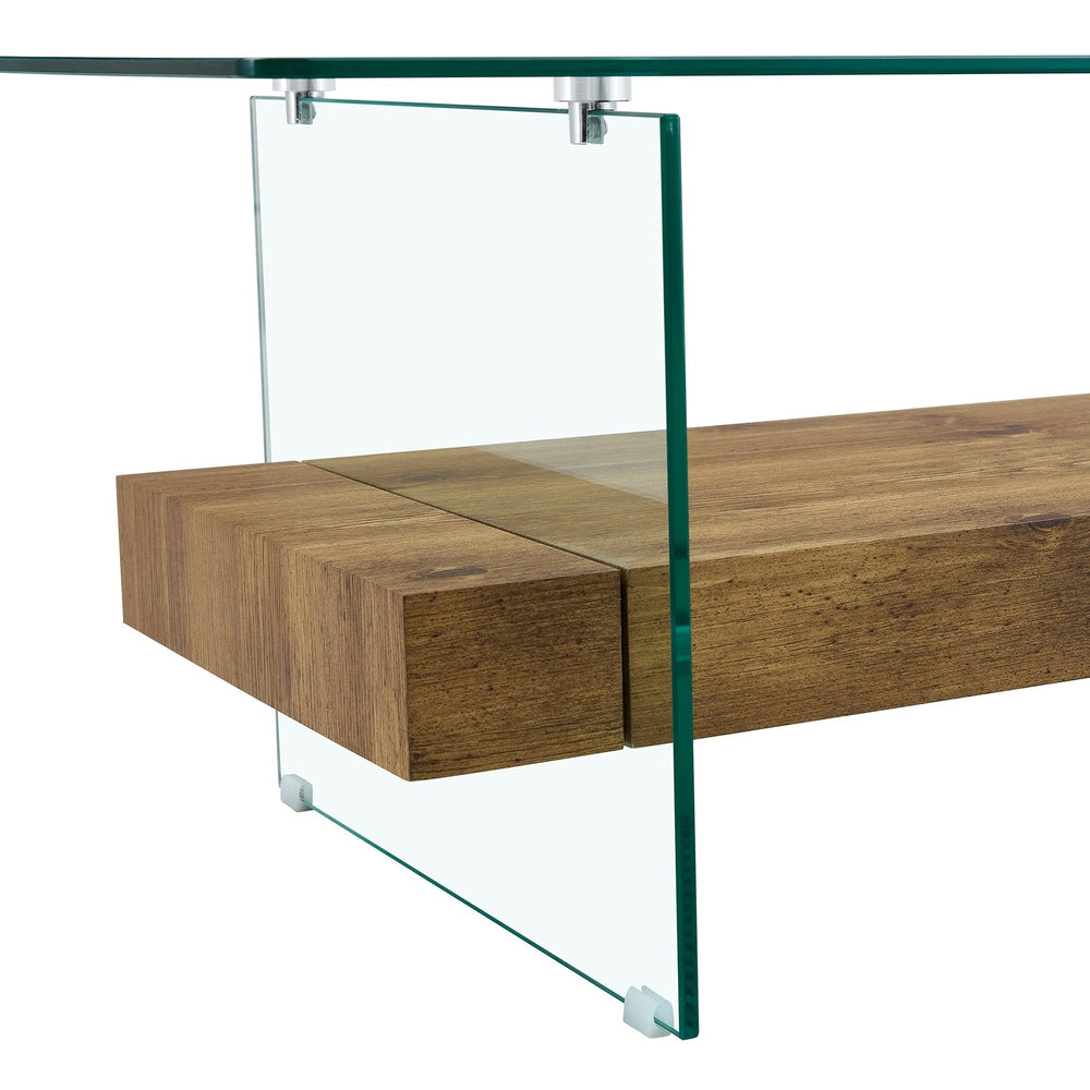 English Elm ectangular floating coffee table with two-tier storage, tempered glass legs, modern natural wood finish W2920P226066
