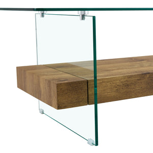 English Elm ectangular floating coffee table with two-tier storage, tempered glass legs, modern natural wood finish W2920P226066