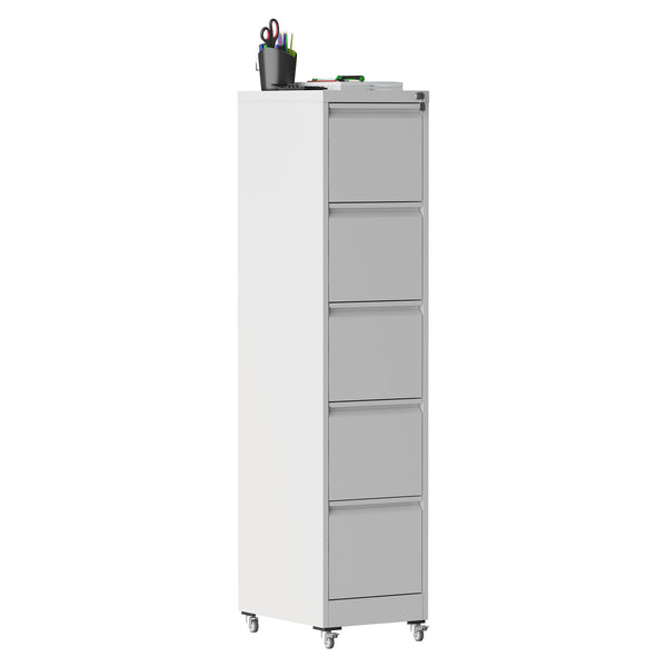 English Elm 5 Drawer Vertical File Cabinet on Wheels with Lock, Heavy-Duty Steel, Anti-Tilt Mobile Storage for A4/Letter/Legal Files White T2398P310088