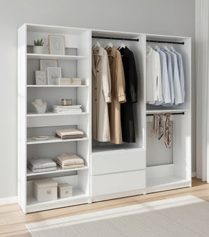 English Elm Prosper White Freestanding Walk In Wood Closet System – Durable Melamine Oak Finish, Modular Storage B040S00145
