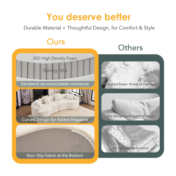 English Elm Curved Boneless Sofa modular 110" sectional with high-density foam & spring core, kid‑friendly curves, no assembly required for easy moving and cozy lounging White W2231S00005