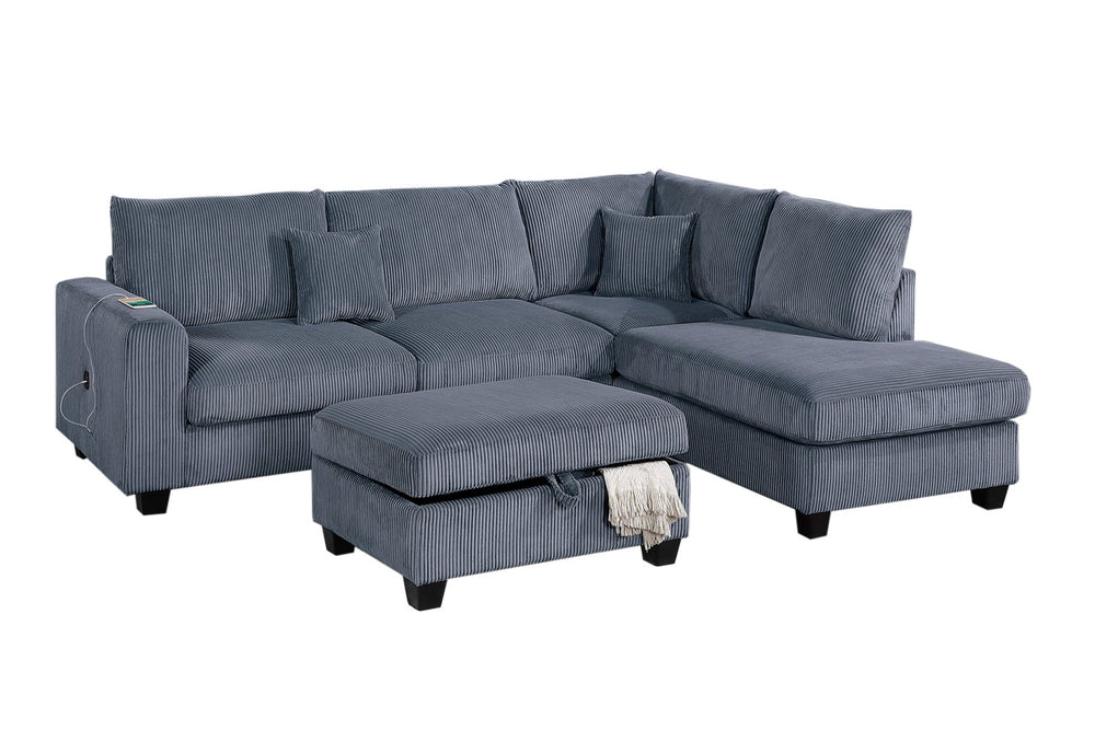 English Elm Modern Corduroy Sectional with Chaise Storage Ottoman and Usb Port for Living Room B011S02184