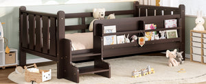 English Elm Twin Pine Floor Bed for Kids with Side Bookcases Built-in Stairs and Safety Guardrails Espresso W1580P390217