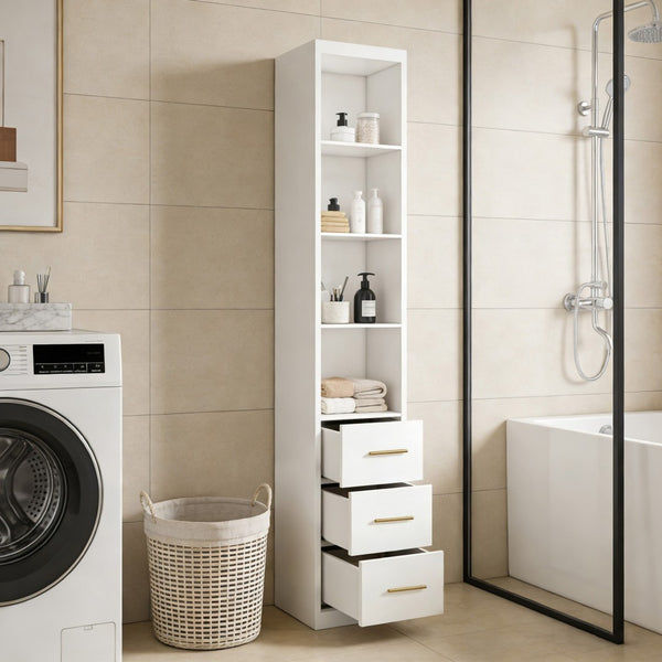 English Elm 15.75x85.04inch White Slim Tower Cabinet Four Shelves Three Drawers Bedroom Bath W5290P457931