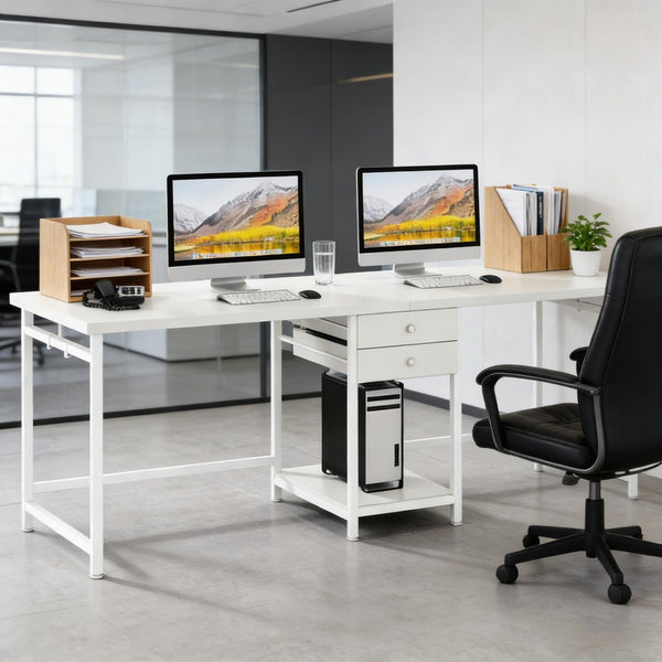 English Elm Computer Desk Two Person Wood Grain Workstation with Drawers for Shared Home Office White T3971P453460