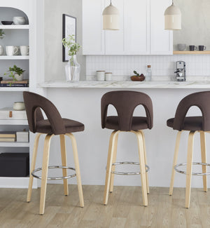English Elm Fixed-height Swivel Barstools Velvet Seat Bentwood Legs Chrome Footrest Set of 2 B202S02154