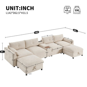 English Elm 142'' Modular Sectional Sofa - 6-Seat U-Shaped Design With Storage Ottoman & Usb Charger N723S9777A-GIGA
