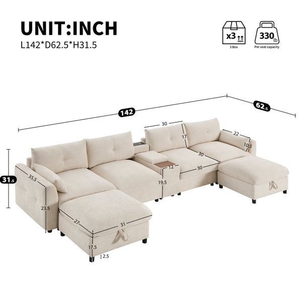 English Elm 142'' Modular Sectional Sofa - 6-Seat U-Shaped Design With Storage Ottoman & Usb Charger N723S9777A-GIGA