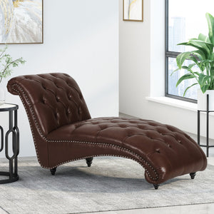 English Elm Christopher Knight Home® - CHAISE Luxe button-tufted curvy lounge chair with diamond stitch detail and turned birch wood legs, stylish comfort for modern living-room relaxation Dark Brown 46.5 L x 29.75 W x 20.5 H 70445.00DBRN