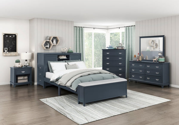 English Elm Gray Full Platform Bed with Bookcase Headboard Fold Out Desk Drawers and Footboard Bench Navy Blue B011S02313