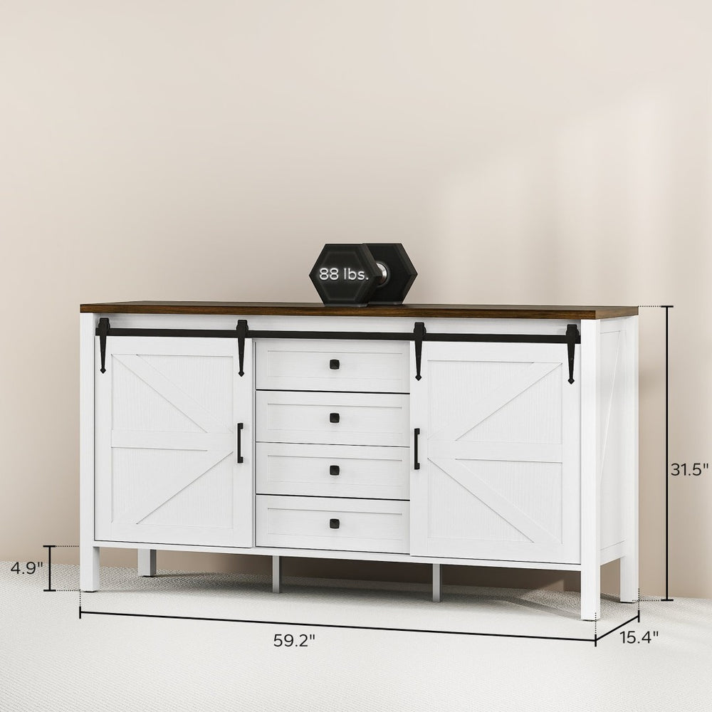 English Elm Spacious Farmhouse Buffet with Barn Doors Four Drawers and Adjustable Shelving T3971P429257