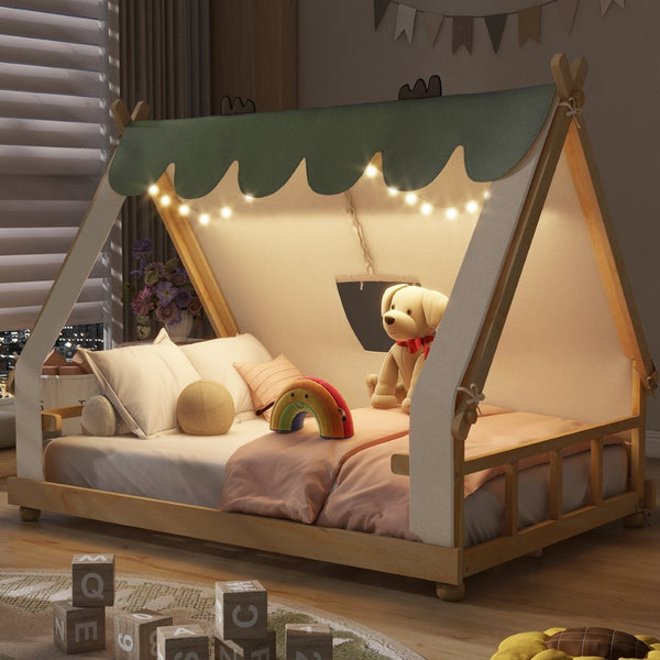 English Elm Twin Cabin Bed with Detachable Tent Skylight and Woodland Deer Antler Accents White N708P356717K