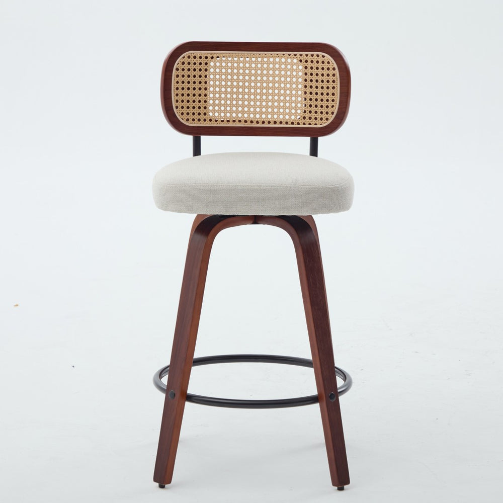 English Elm Set of 2 Swivel Counter Stools Walnut Frame Rattan Back Linen Seat Kitchen Island Beige W1143P392171