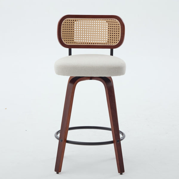 English Elm Set of 2 Swivel Counter Stools Walnut Frame Rattan Back Linen Seat Kitchen Island Beige W1143P392171