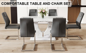 English Elm Table And Chair Set - Modern Marble Pattern Mdf Dining Table With 6 Dark Gray Pu Chairs, Ergonomic Comfort W1151S02186-GIGA