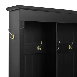 English Elm Farmhouse Hall Tree with Triple Arch Back Panel Eight Hooks Drawers and Entryway Bench Black N721S000062B