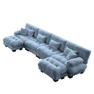 English Elm Free Modular Sectional Sofa - U-Shaped 4-Seater Couch With 2 Ottomans In Vintage Chenille Blue Fabric W714S01180