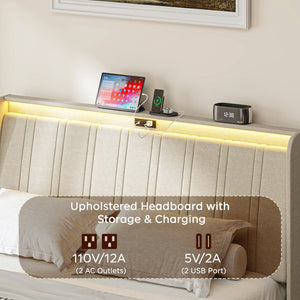 English Elm Queen Platform Bed Upholstered Headboard Wooden Slats Usb Charging Ports Bedroom W2889P272596