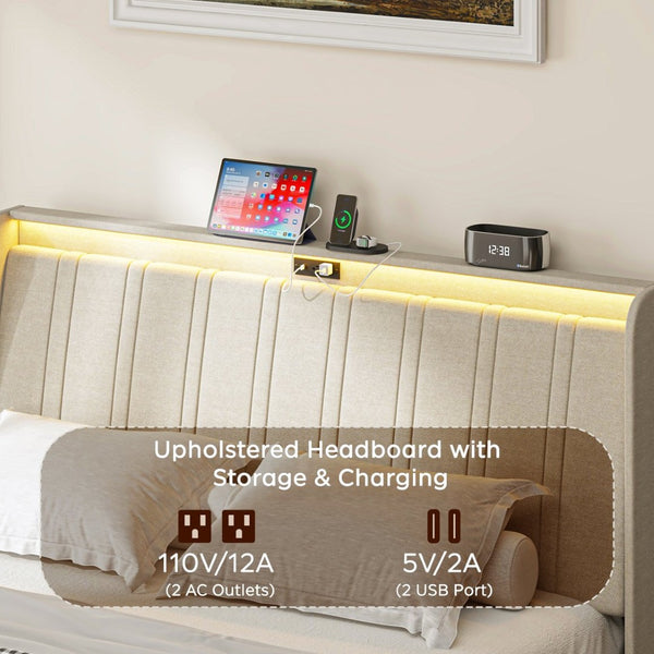 English Elm Queen Platform Bed Upholstered Headboard Wooden Slats Usb Charging Ports Bedroom W2889P272596