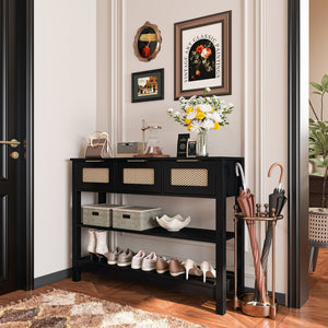 English Elm 43.3" Farmhouse Console Table Rattan Drawer Fronts Open Shelving Entryway Storage Black T3210P426419