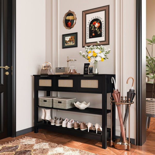 English Elm 43.3" Farmhouse Console Table Rattan Drawer Fronts Open Shelving Entryway Storage Black T3210P426419
