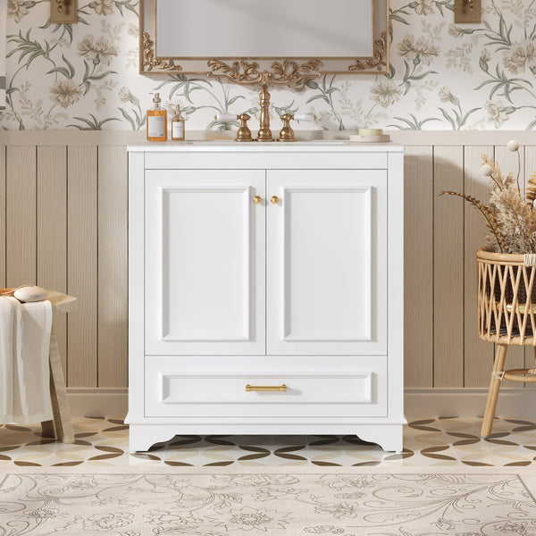 English Elm 30" Elegant Bathroom Vanity with Ceramic Sink, French-Inspired Compact Cabinet with Drawer & Shelf White N710P317676K