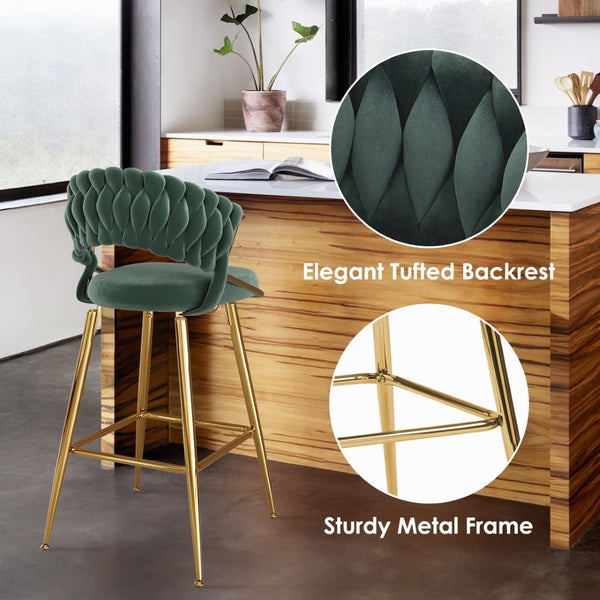 English Elm Counter Height Stools Set of 2 Mid-century Metal Legs Ergonomic Kitchen Island Seating Green T3623P430872