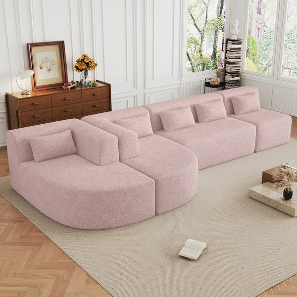 English Elm 144" Upholstered L-Shape Sofa with Bouclé Fabric, Plush Pocket-Spring Seats & Five Pillows for Living Room Pink N719S001850P