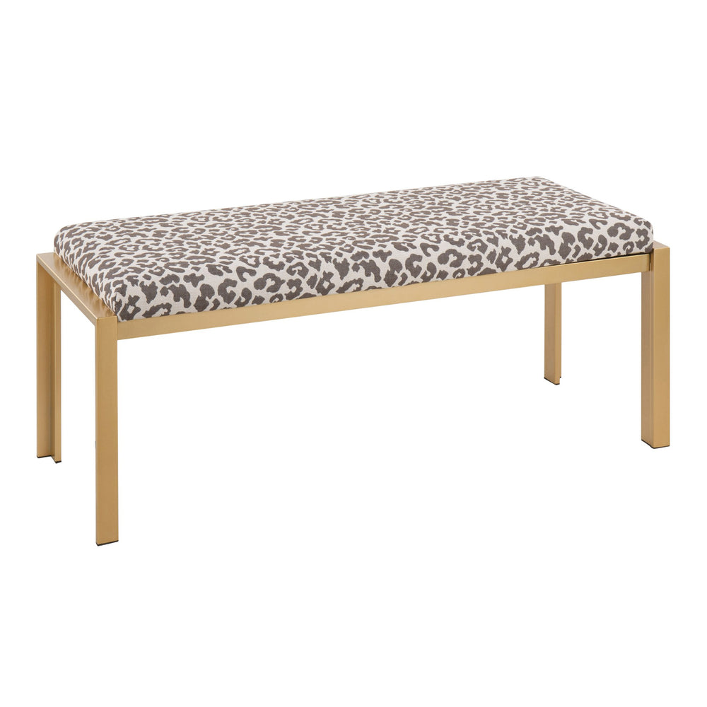 English Elm Fuji Plush Leopard Fabric Bench with Gold Metal Frame — Contemporary Padded 2-Seat Entryway Accent B202S01155