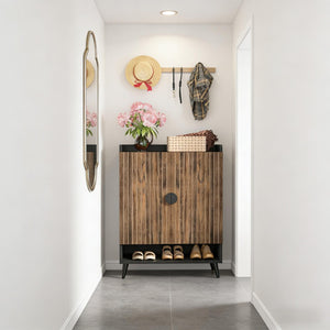 English Elm Rustic Seven Tier Shoe Cabinet with Swing Doors Adjustable Entryway Organizer Black,Rustic Brown T3971P448681