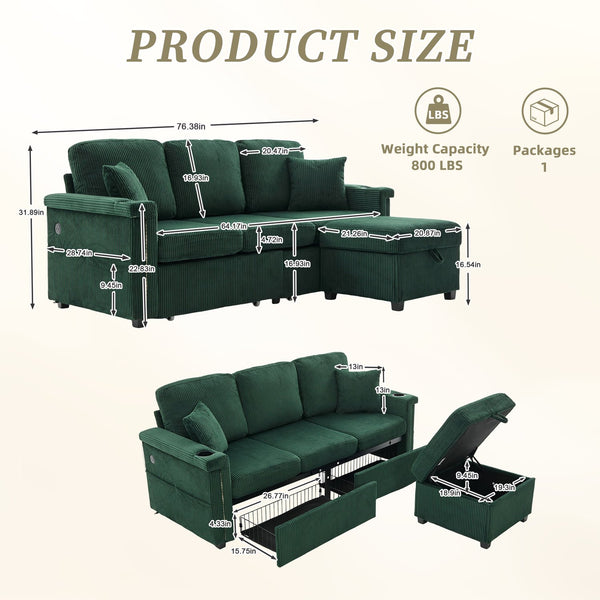 English Elm UNITED Corduroy L-Shaped Sectional Sofa with Storage Ottoman, USB Ports, Cup Holders & LED Lighting Emerald W1568P332404