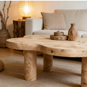 English Elm 40-inch Cloud Shaped Coffee Table Sculptural Mdf Top with Tapered Legs for Living Rooms Natural Wood W3935S00005