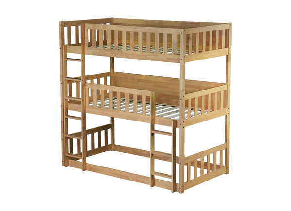 English Elm Twin Triple Rubberwood Bunk Bed with Ladders & Guardrails, Space-Saving Modular Design for Families White Oak W504S00172