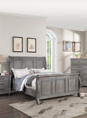 English Elm Grey Sleigh Design Queen Bed with 3-Panel Headboard in Antique Gray Oak Finish — Transitional Barn Style Bedroom B011S01396