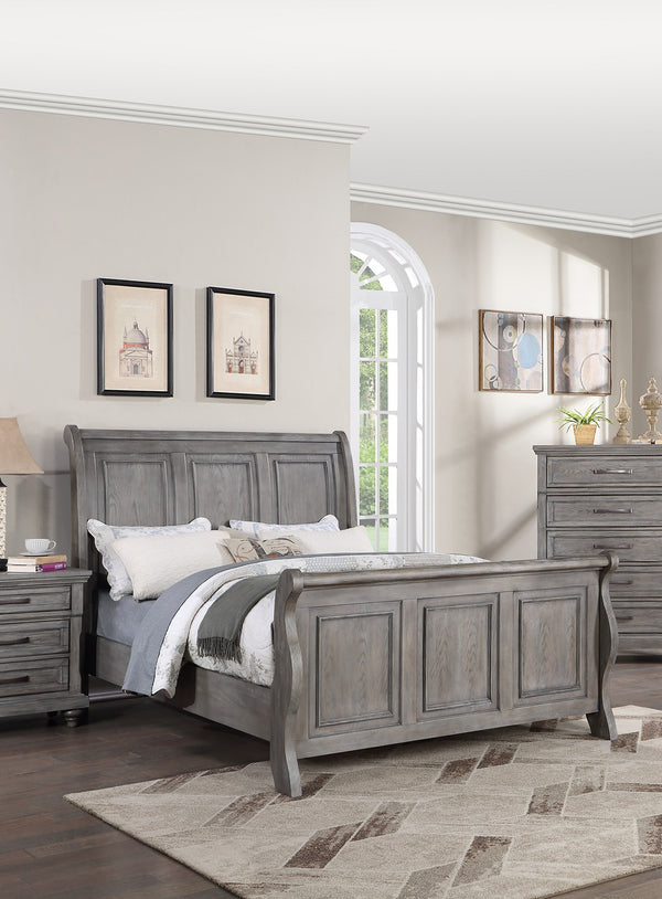 English Elm Grey Sleigh Design Queen Bed with 3-Panel Headboard in Antique Gray Oak Finish — Transitional Barn Style Bedroom B011S01396