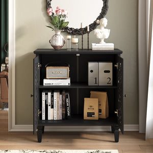 English Elm Vintage Hollow-Carved Accent Cabinet with Floral Motif, 2-Door Sideboard, Adjustable Shelf, Solid Wood Legs Black W1445P384721