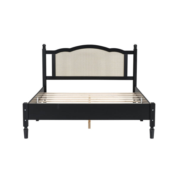 English Elm Queen Arched Rattan Headboard Platform Bed Matte Pine Frame No Box Spring Needed Black N733P180013B